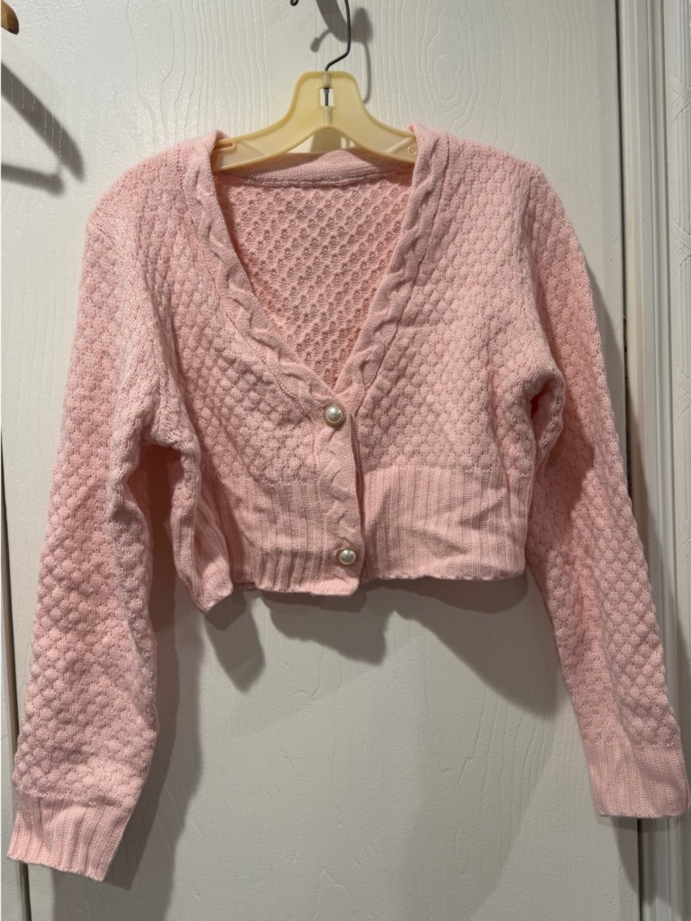 Cropped Pink Cable & Honeycomb Knit Cardigan with Pearl Buttons